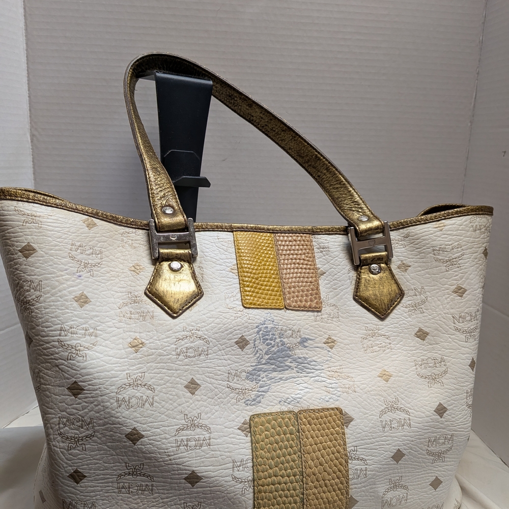 MCM White Leather Tote with Gold Handles and Yellow-Tan Accents